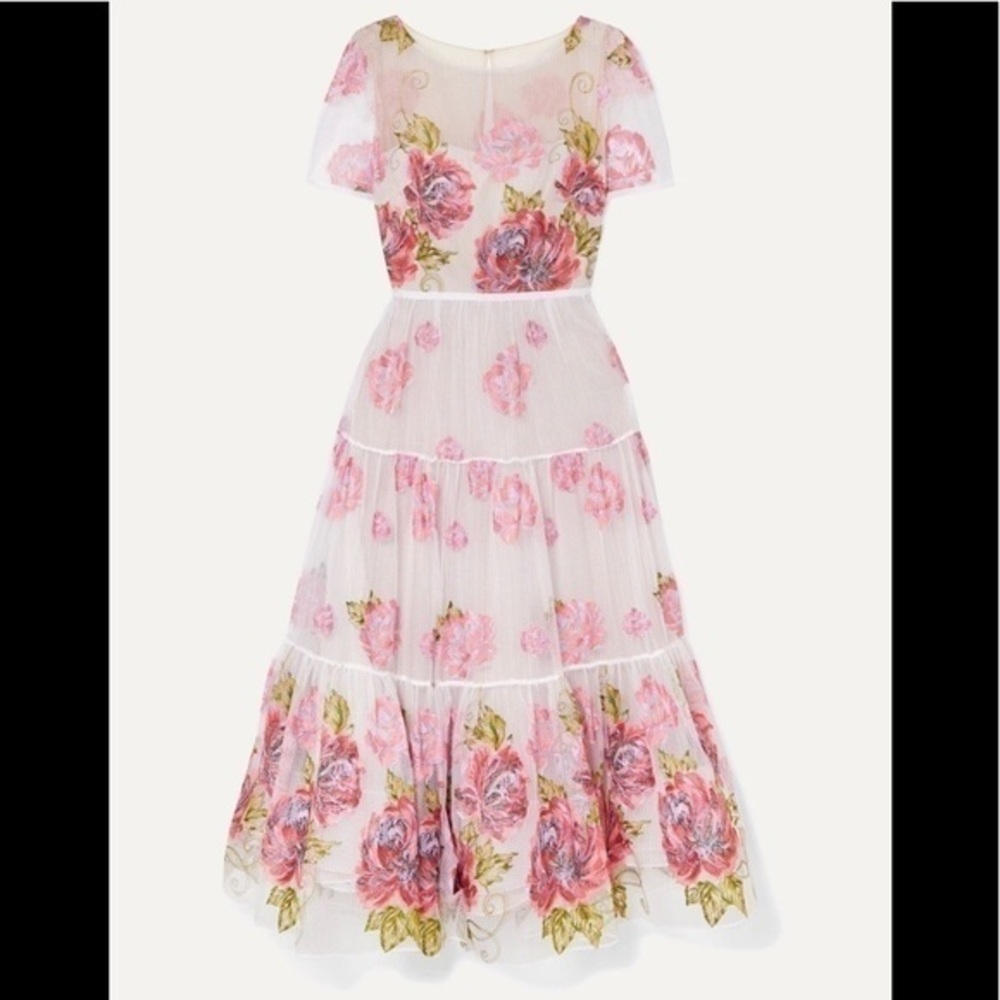 Marchesa Notte Tiered Embroidered Tulle Midi Dress